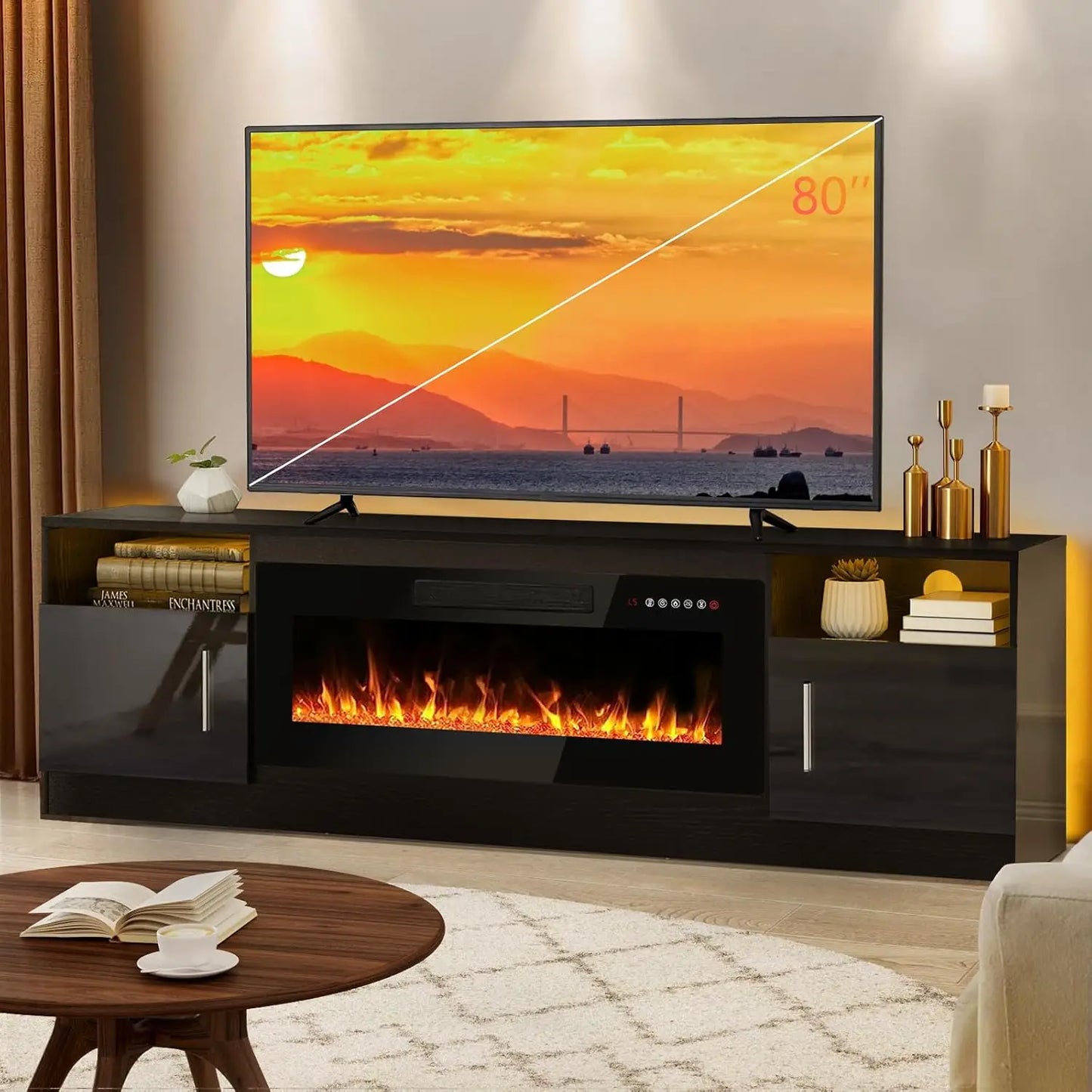 Ljustra Fireplace TV Stand for 80 Inch TVs with LED Light and Storage