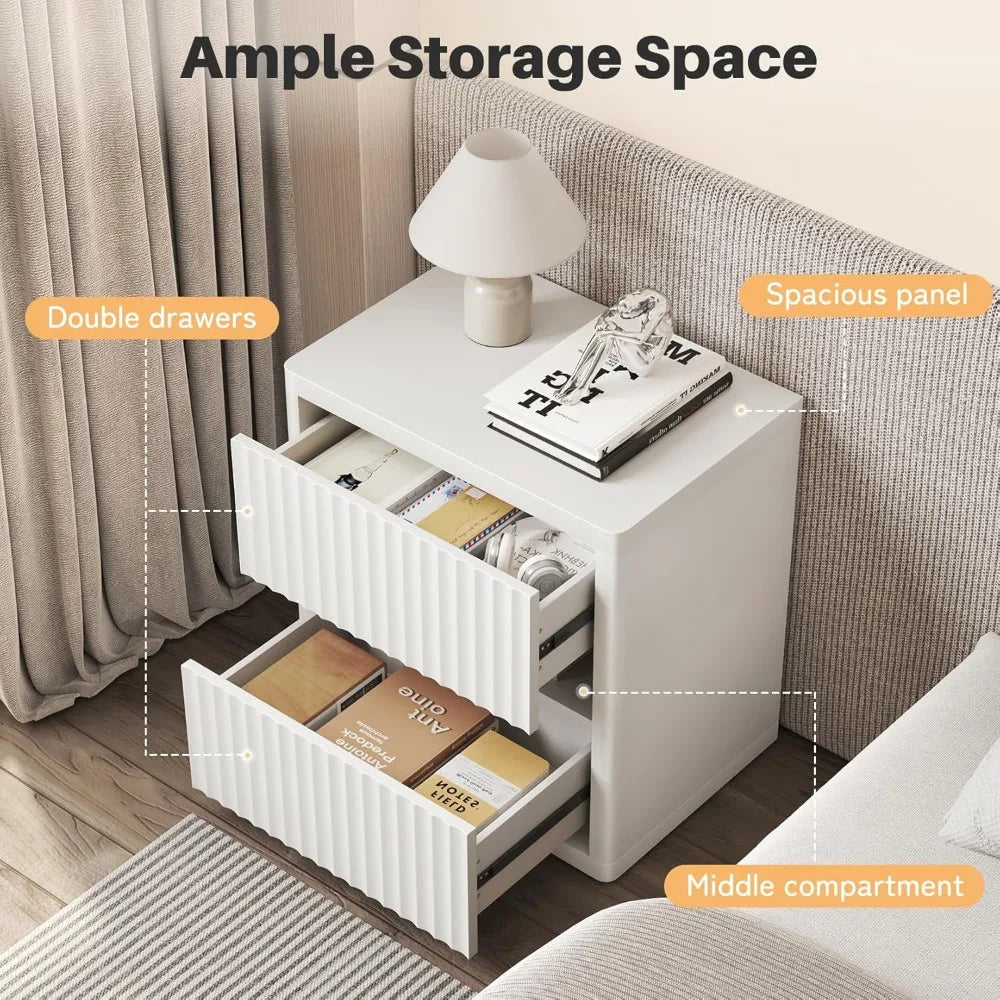 Ljustra Fluted Nightstand 2 Drawers Modern Mid-Century Storage Table