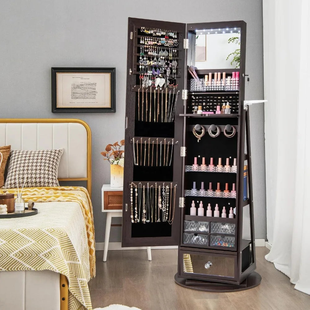 360 Swivel Jewelry Cabinet Armoire Full Length Mirror Organizer LED