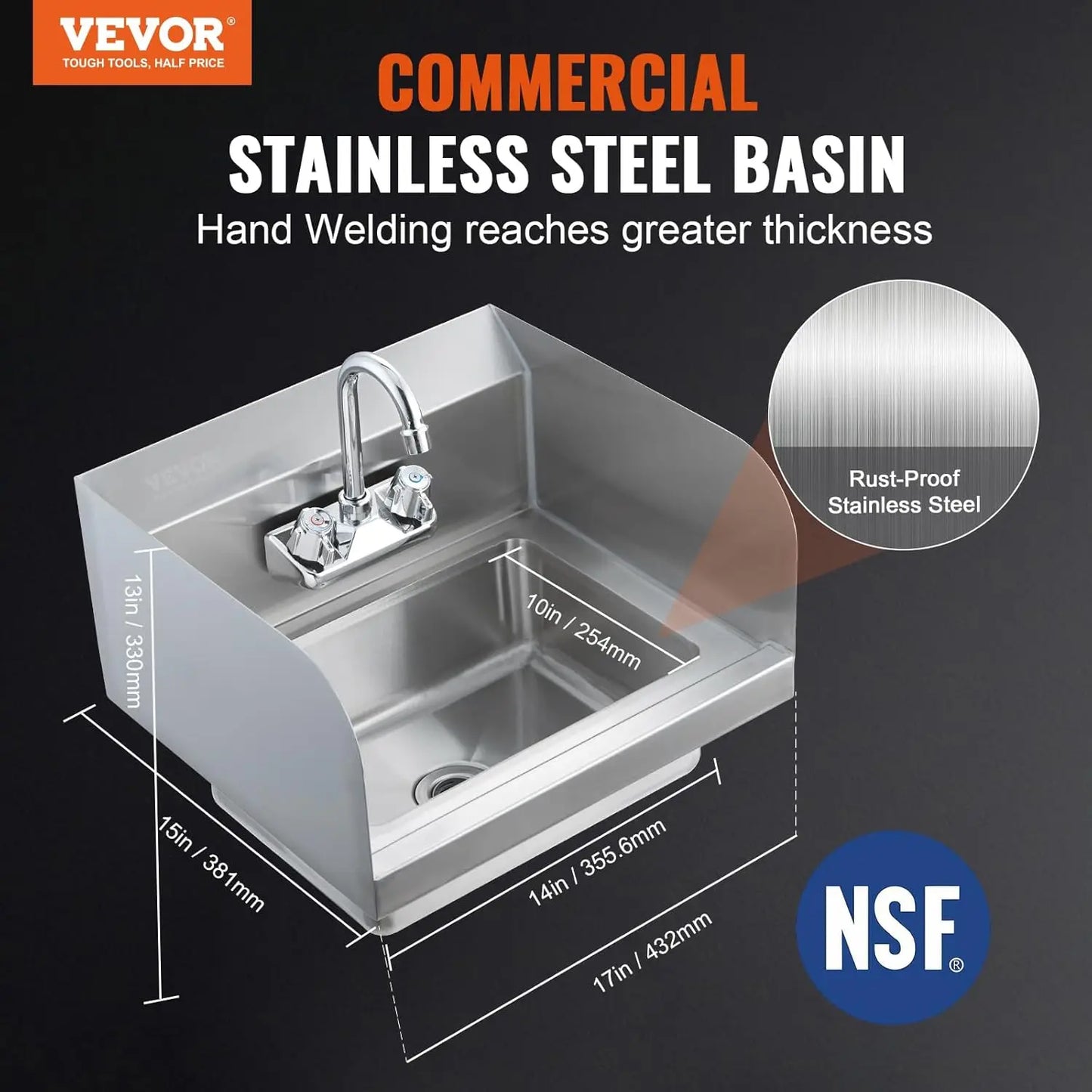 Commercial Hand Sink with Faucet NSF Stainless Steel Small Hand Washing Sink