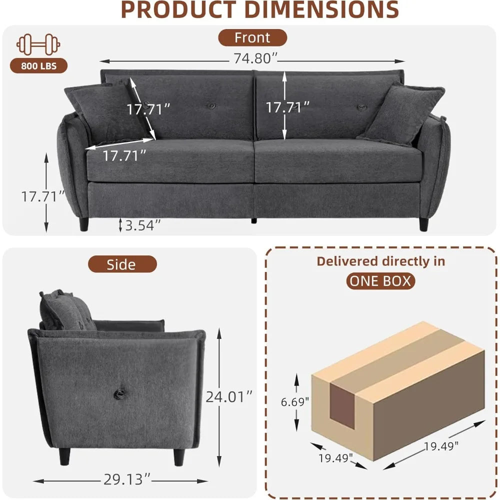 Ljustra 85 Inch Grey Comfy 3 Seat Couch with USB Ports for Small Spaces