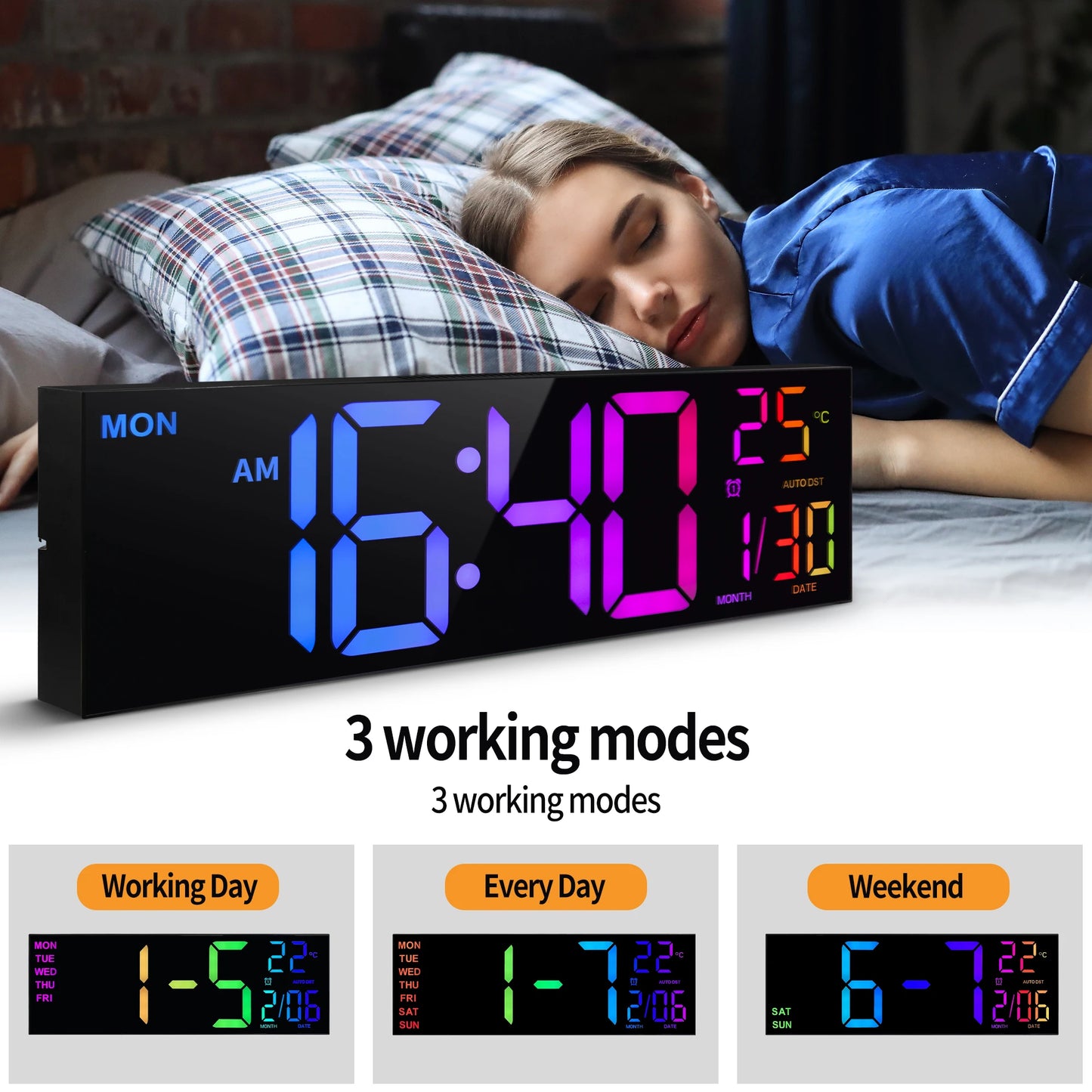 Large Digital Wall Clock LED Display Remote Alarm Temperature RGB