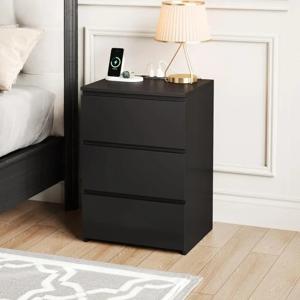 Black Nightstand with Charging Station USB Ports Power Outlets 26"
