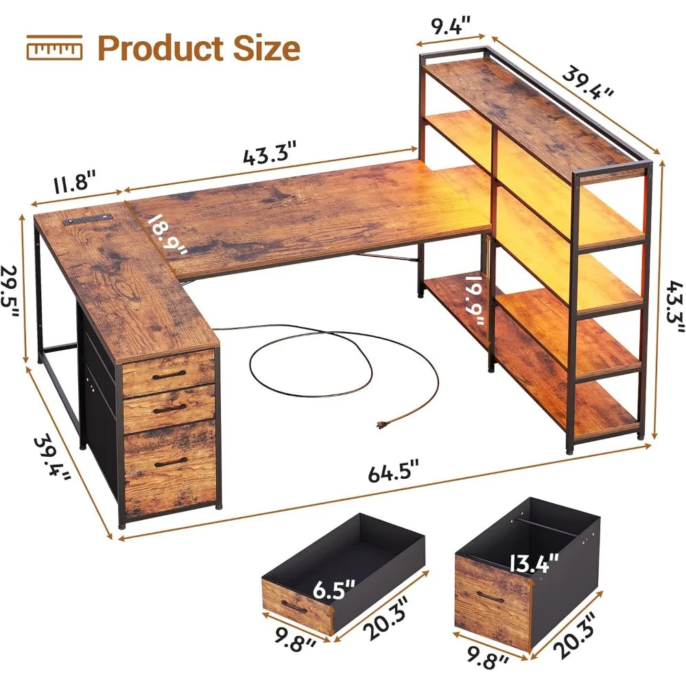 L Shaped Desk with Storage Shelves and USB Charging for Home Office