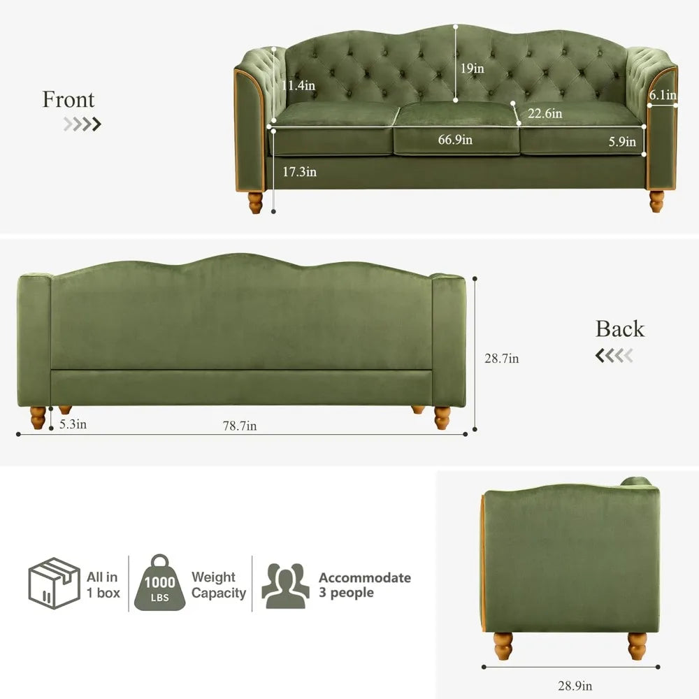 78" Green Velvet Tufted Sofa Couch, 3-Seater Comfy Curved Back for Living Room