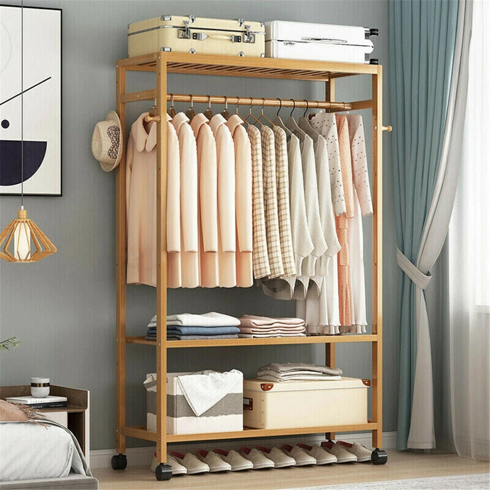 Bamboo Garment Rack with Wheels Multifunctional Clothing Organizer