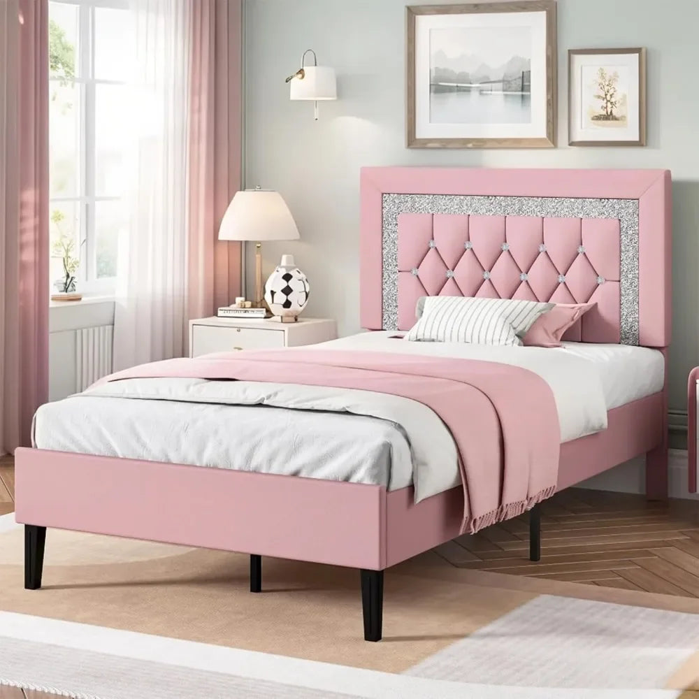 Upholstered Platform Bed Frame with Tufted Headboard and Storage