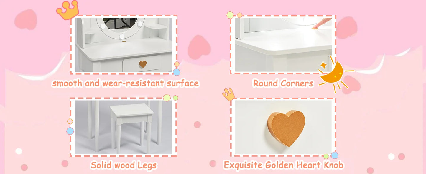 Kids Vanity Set with Mirror Stool Lights for Girls Pretend Play Furniture