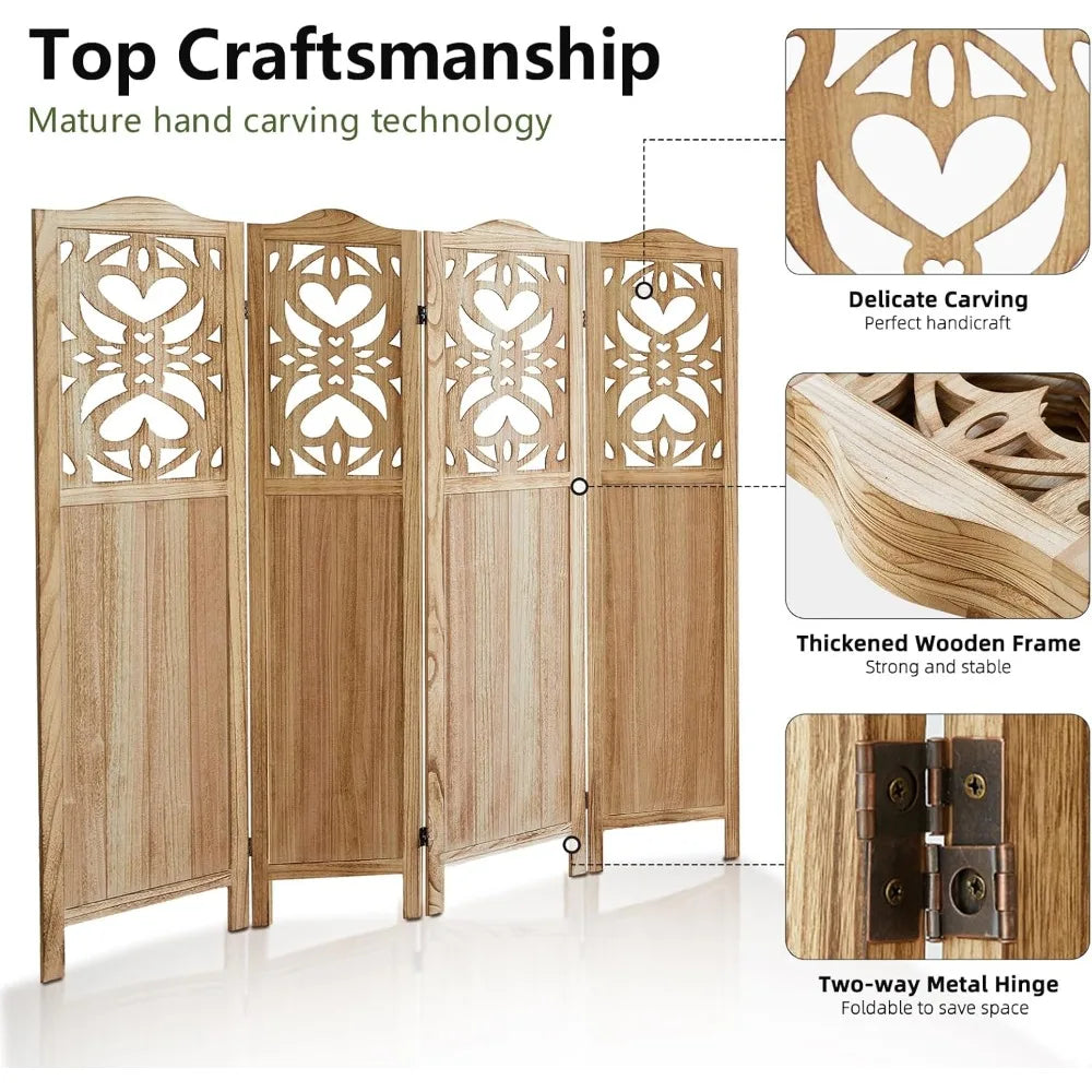 4 Panel Wood Carved Room Divider Folding Privacy Screen 5.6FT Tall