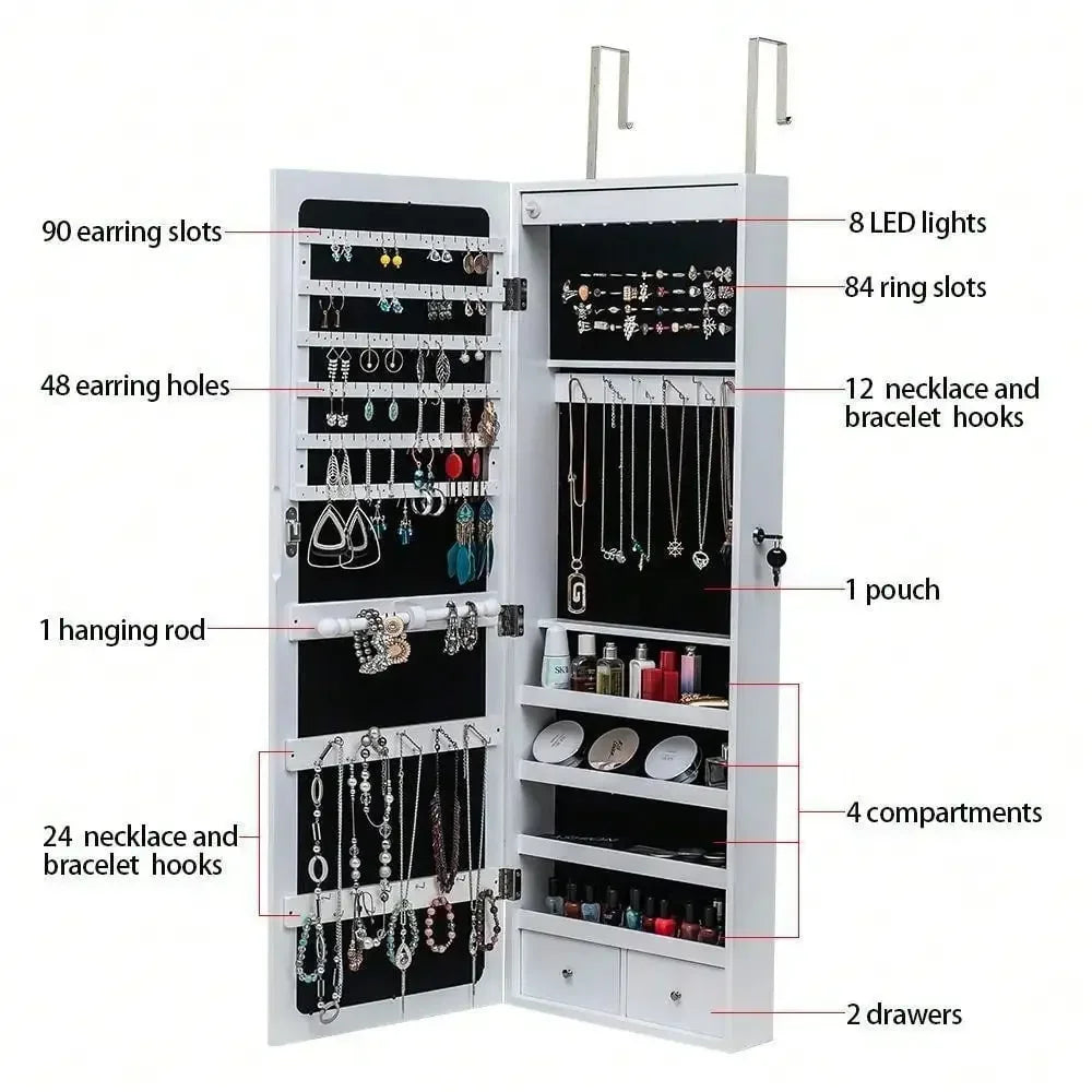 Ljustra Wall Door Mounted Mirror Jewelry Cabinet Organizer LED Light