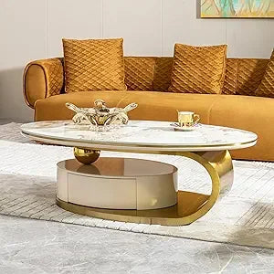 Modern Oval Coffee Table Faux Marble Sintered Stone Gold Base 51.2"