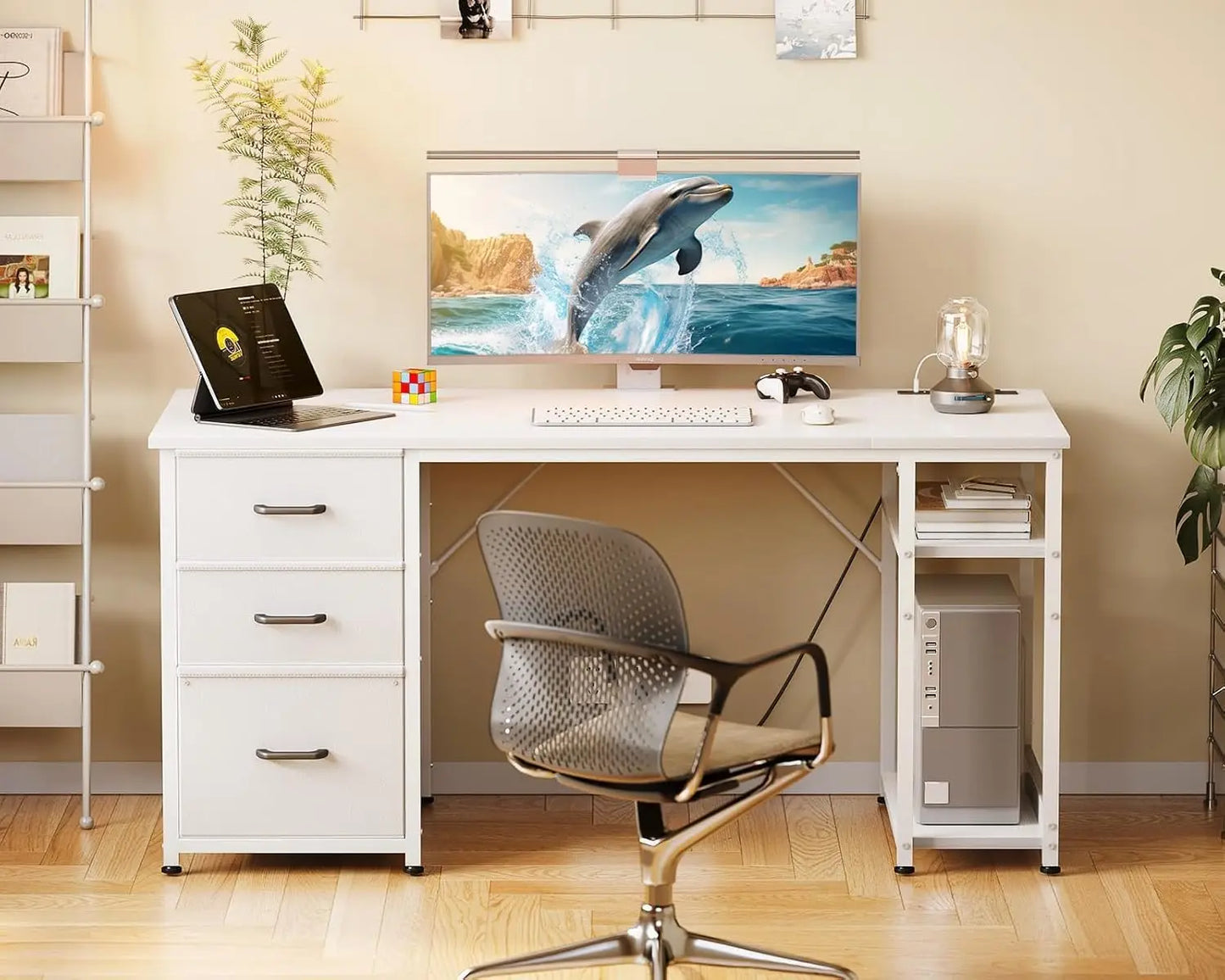 51 Inch Reversible Computer Desk with USB Power Outlets and Storage