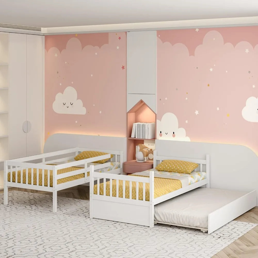 Twin Over Twin Bunk Bed with Trundle Solid Wood Convertible Frame