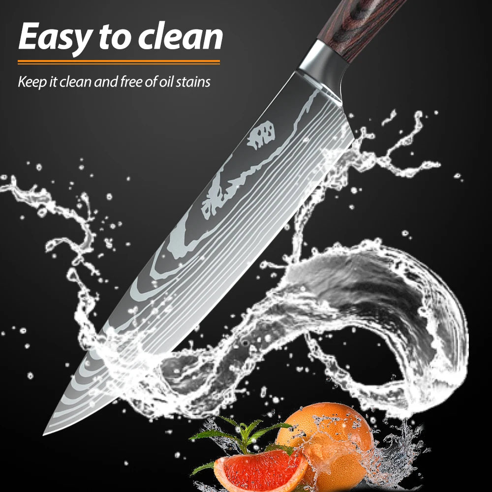 8PCS Stainless Steel Kitchen Knife Set Chef Cleaver Damascus Pattern