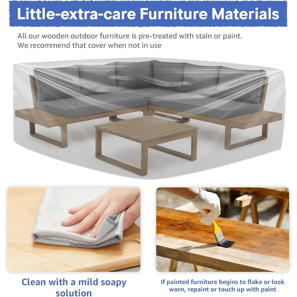 L-Shaped Acacia Wood Patio Sectional Sofa Set with Coffee Table