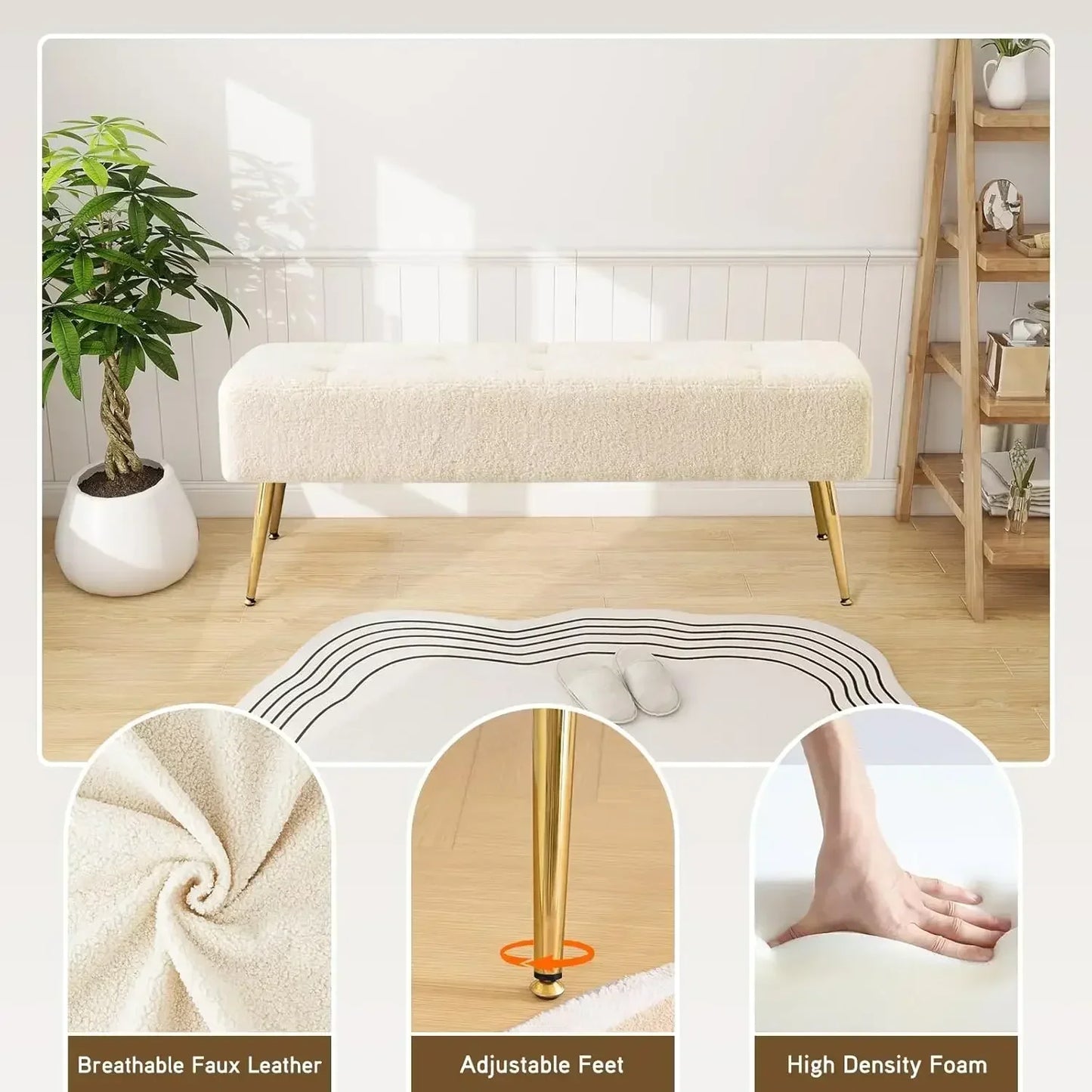 Faux Fur Boho Bench Ottoman Tufted Padded Seat Footrest Foot Stool