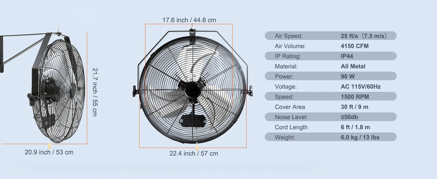 Ljustra High Velocity Waterproof Oscillating Wall Fan for Outdoor Use