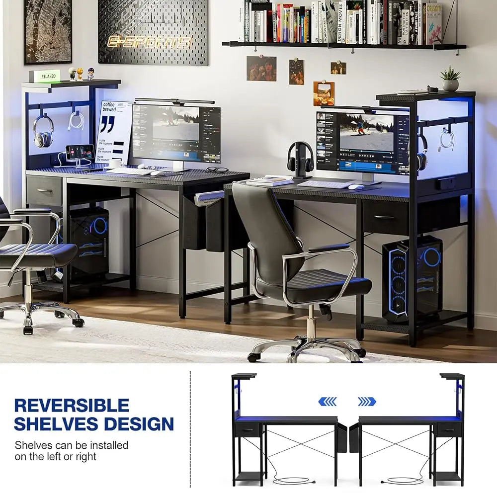 Gaming Desk with Power Outlet LED Light Reversible Shelves Storage Drawer
