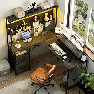 L Shaped Desk with Pegboard LED Lights and Power Outlets for Gaming