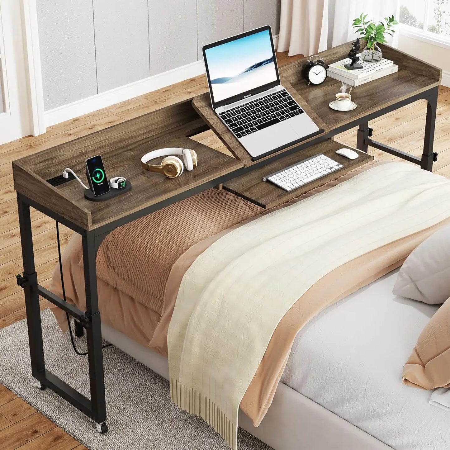 Height Adjustable Overbed Table with Wheels Mobile Laptop Desk Cart