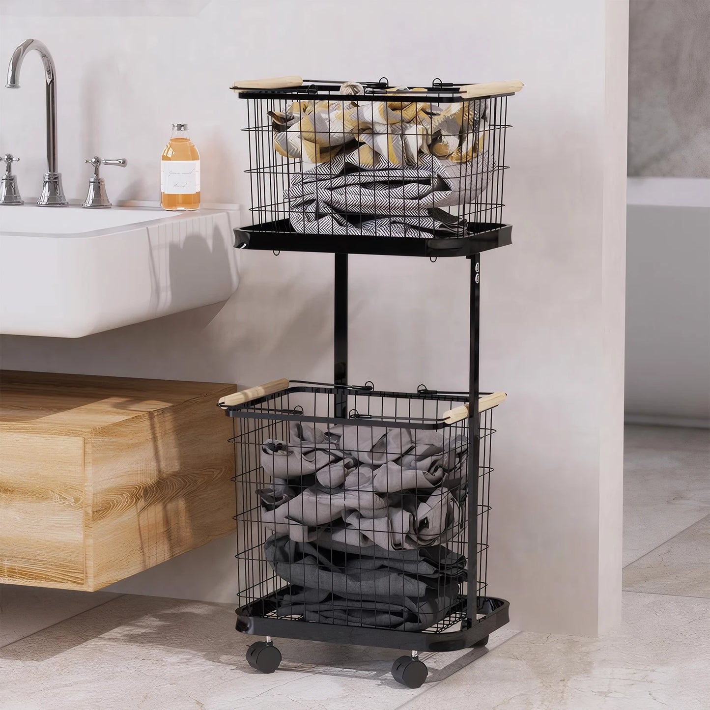 2 Tier Rolling Laundry Basket with Wheels Metal Storage Cart Hamper