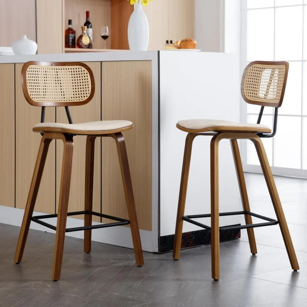 Modern Bar Stools Set of 2 Counter Height Rattan Back PU Upholstered