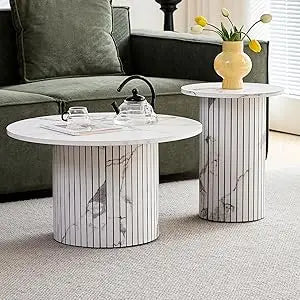 Small Round Coffee Table Set of 2 Wood Finish Nesting Tables Living Room