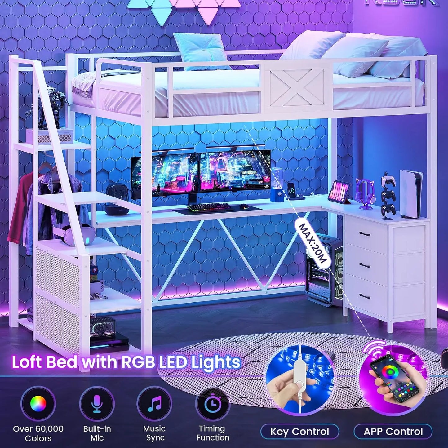 Stairway Twin Loft Bed with L Shaped Desk Wardrobe LED Lights Fabric Drawers