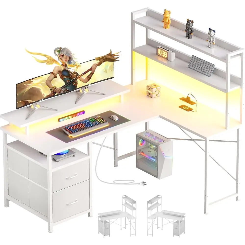 L Shaped Gaming Desk with Shelves LED Lights Charging Station Home Office