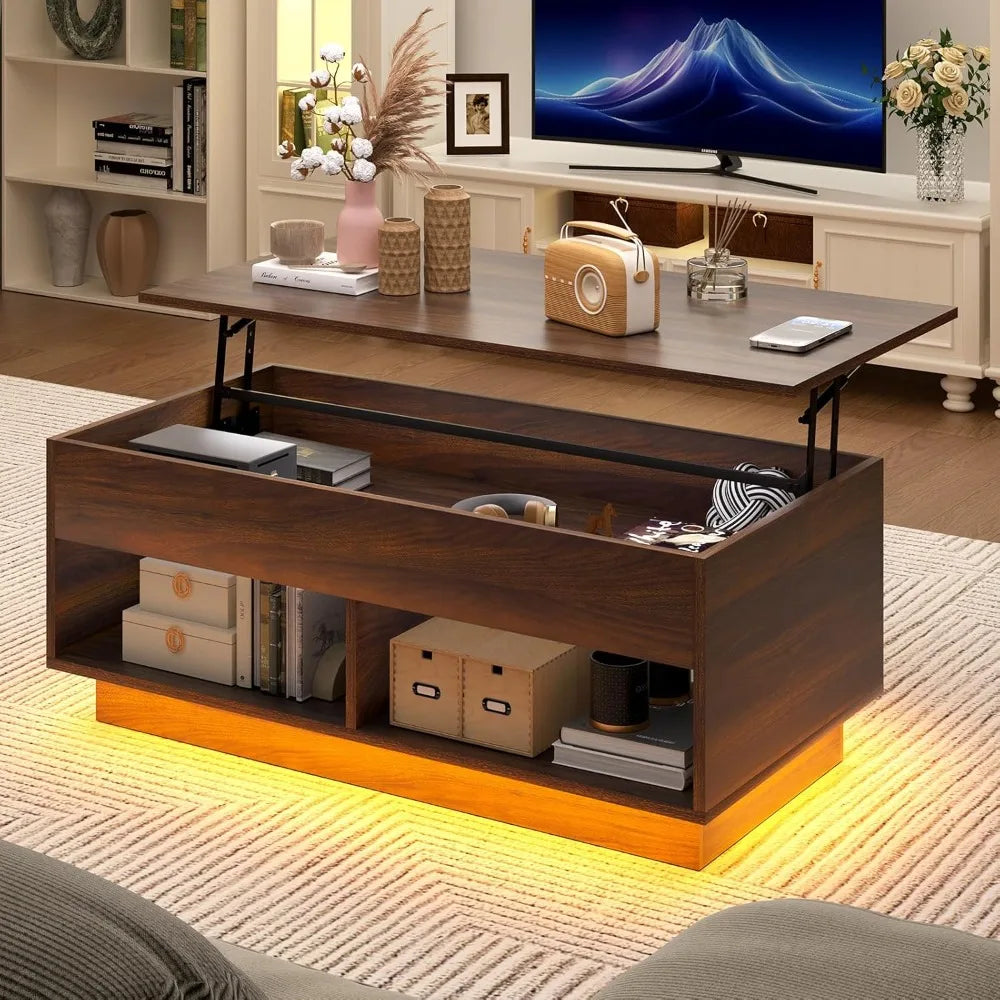 Lift Top Coffee Table with Storage Adjustable LED Modern Table