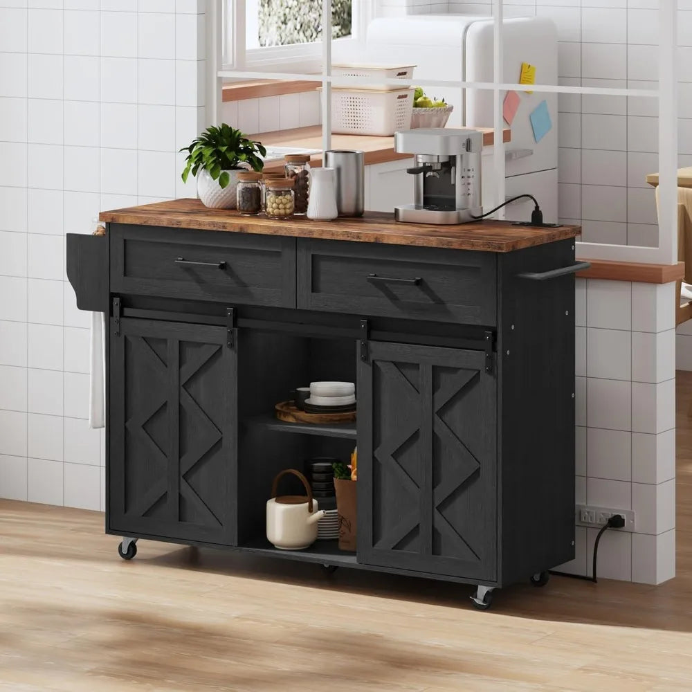 Kitchen Island Cart with Storage Power Outlet Rolling Barn Doors