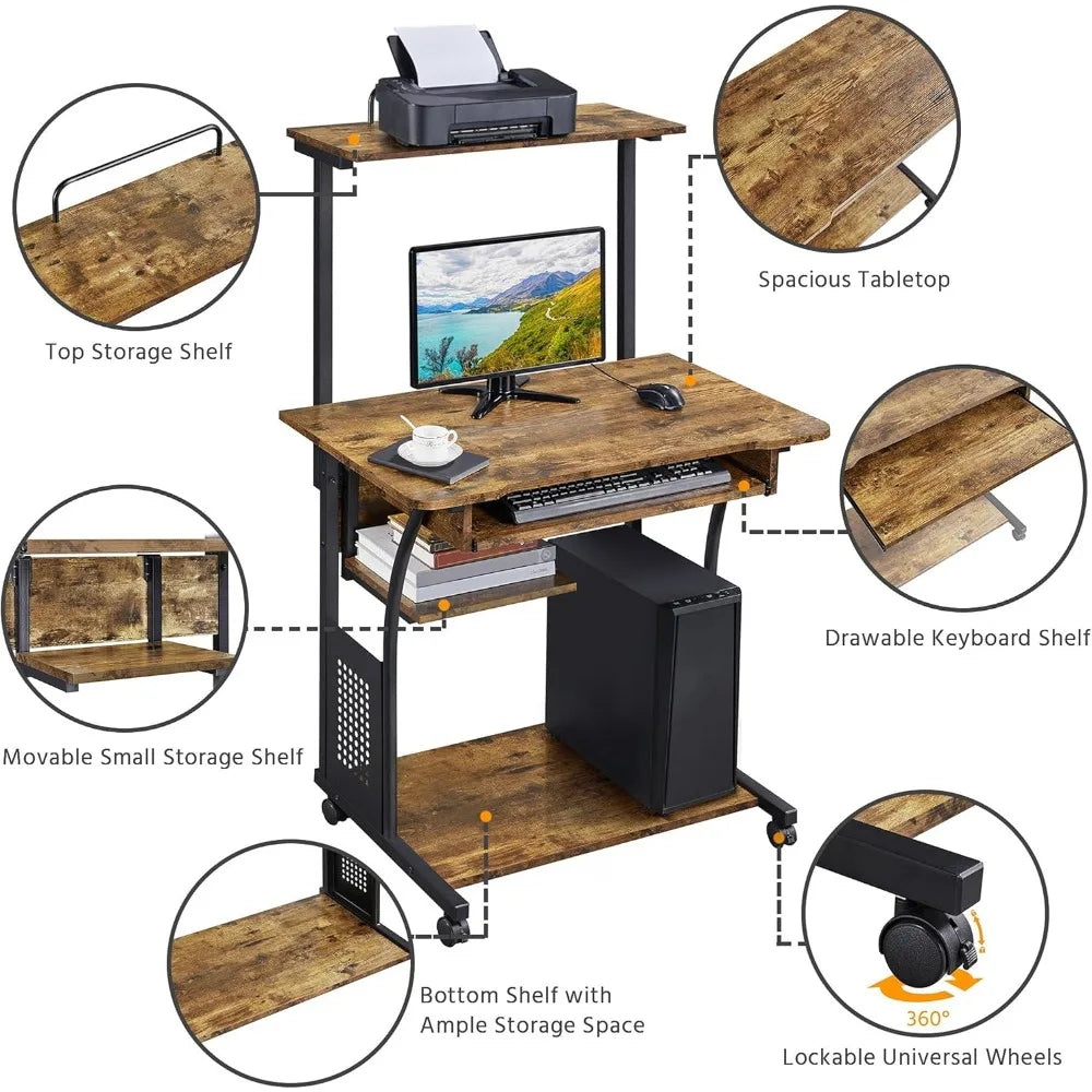 3-Tier Rolling Computer Desk Mobile Office Desk for Small Spaces