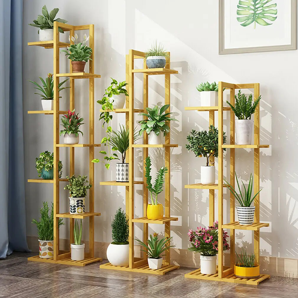 6 Tier Bamboo Plant Stand Vertical Flower Shelf Rack Indoor Outdoor