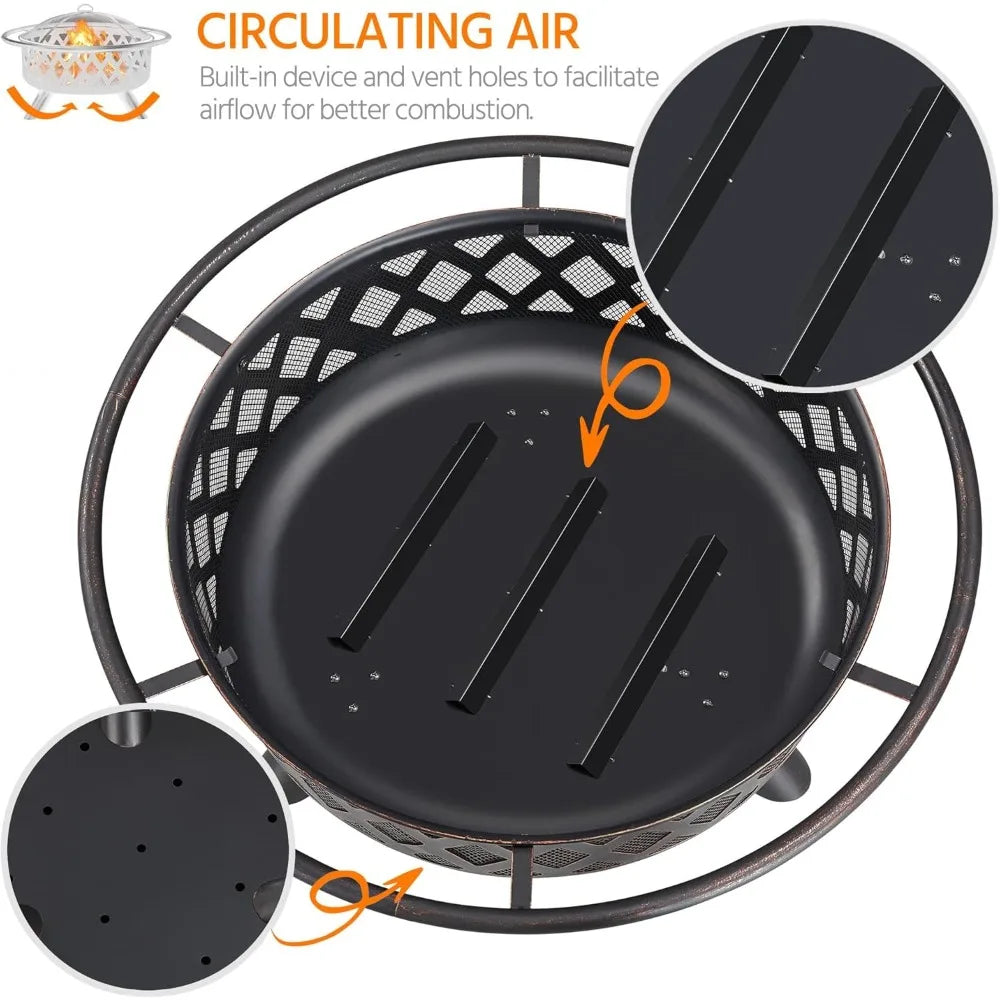 Outdoor Wood Burning Fire Pit 36in Large Round Patio BBQ Bonfire