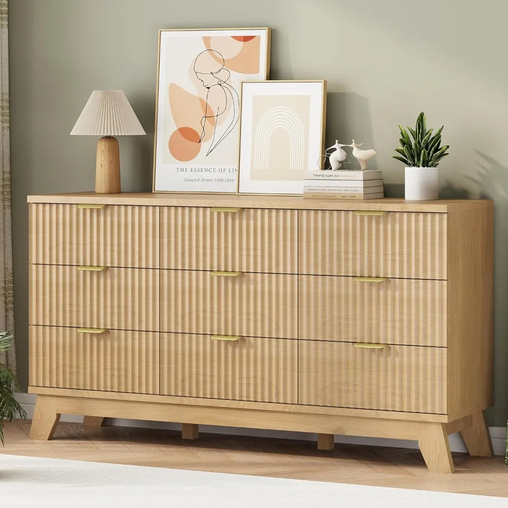 57 Inch Wide Fluted Dresser 9 Drawer Modern Chest of Drawers