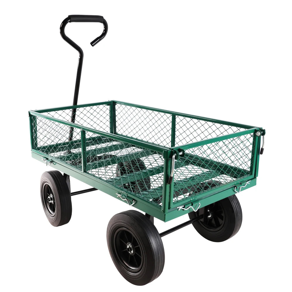 Green Solid Wheel Garden Wagon Cart for Easy Firewood Transport