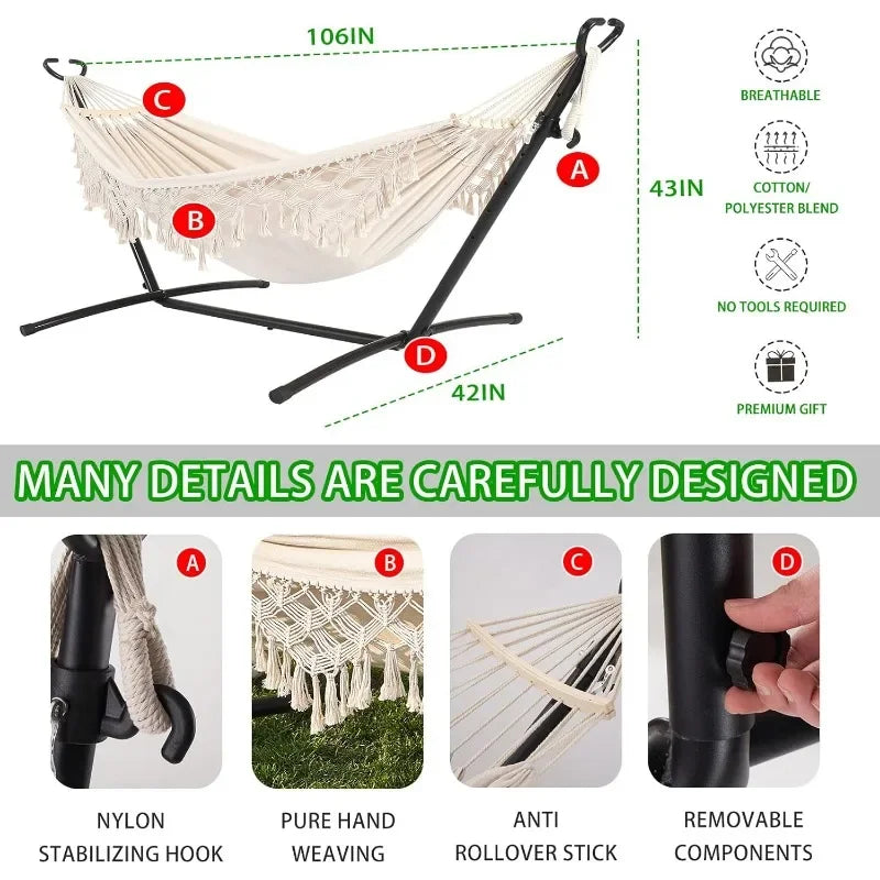 Double Hammock with Stand and Phone Holder for Indoor Outdoor Use