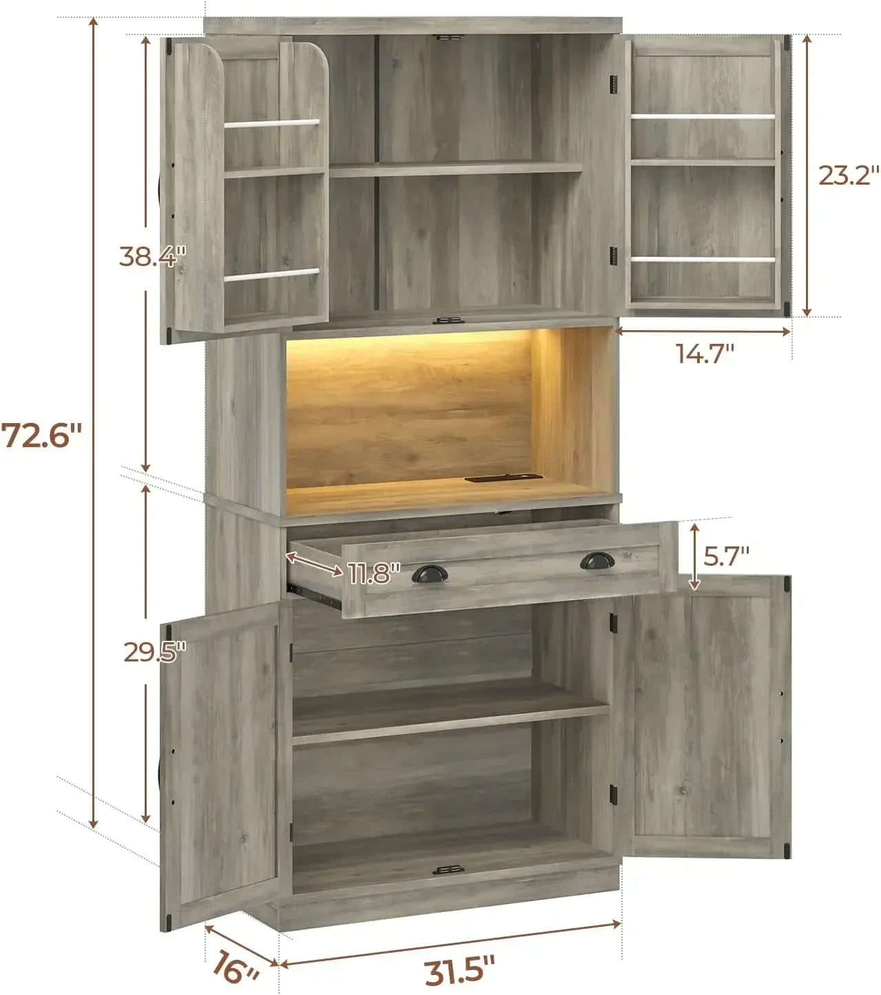 Farmhouse Kitchen Pantry Cabinet with Adjustable Shelves and LED Lights