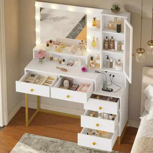 Large Makeup Vanity with Lights Charging Station and 5 Drawers