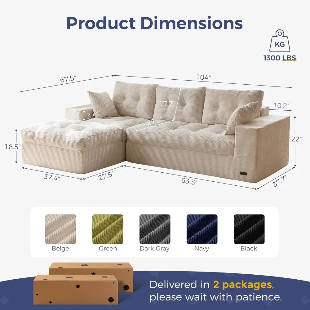L-Shaped Sectional Sofa Convertible Ottoman Modular Couch Tufted Upholstered