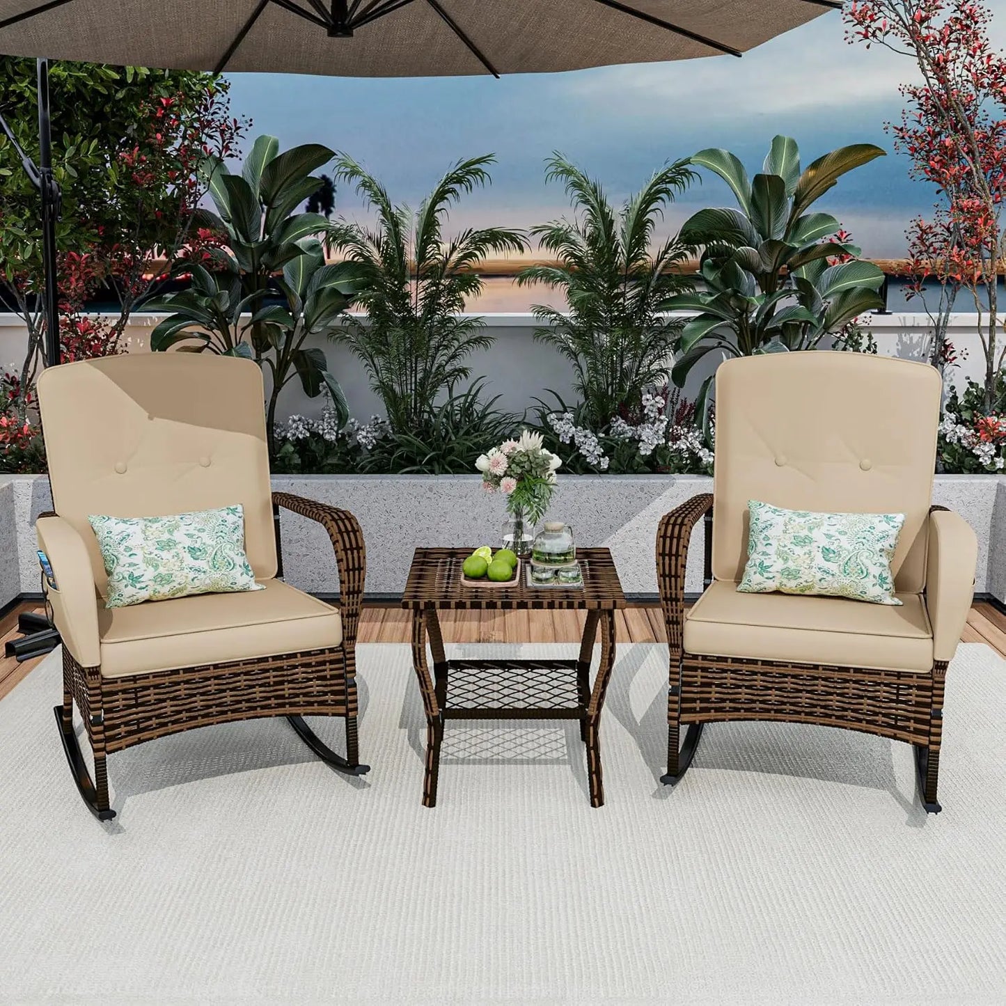 3-Piece Patio Furniture Set Wicker Rocking Chairs Coffee Table