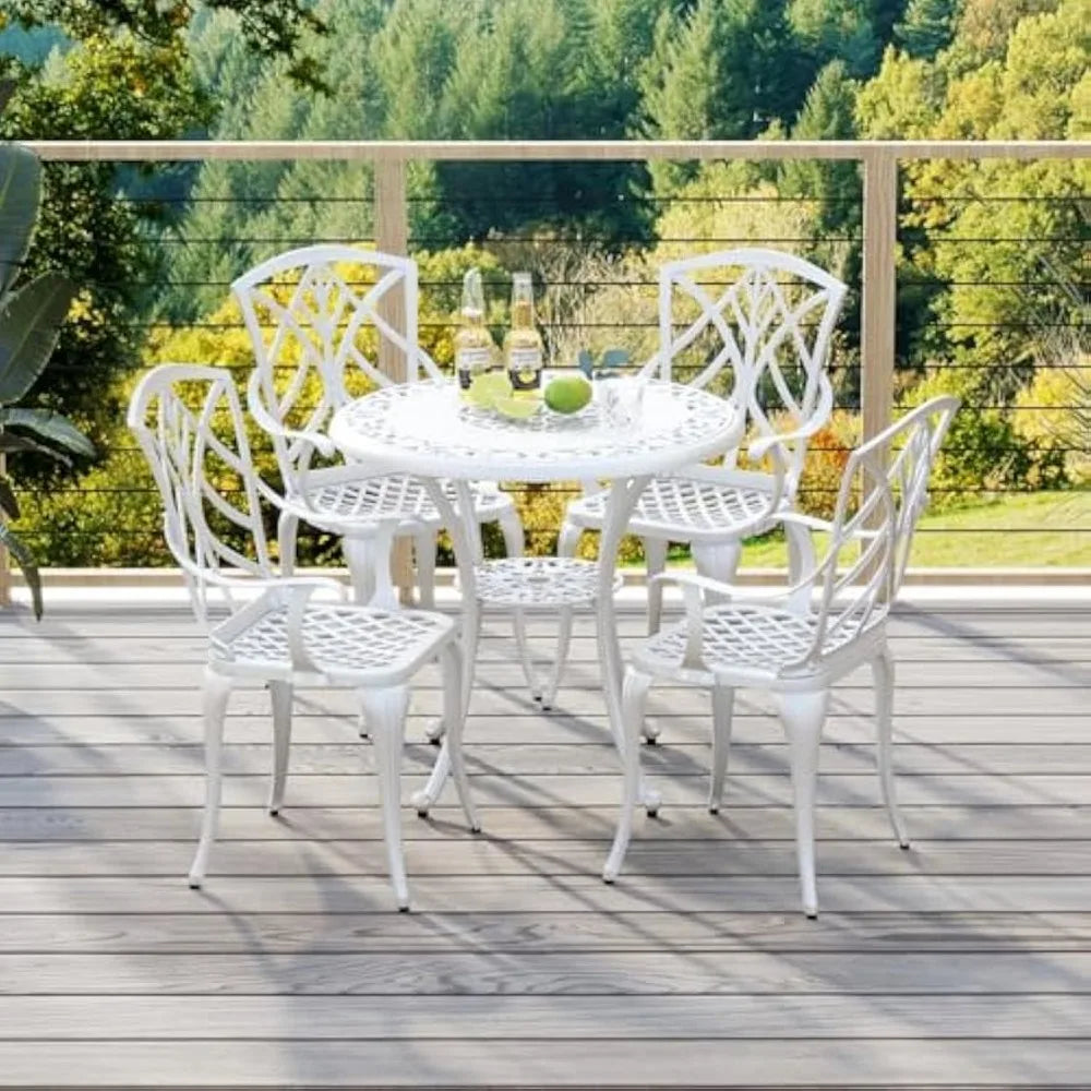 5 Pieces Cast Aluminum Outdoor Dining Set Round Table with Umbrella Hole