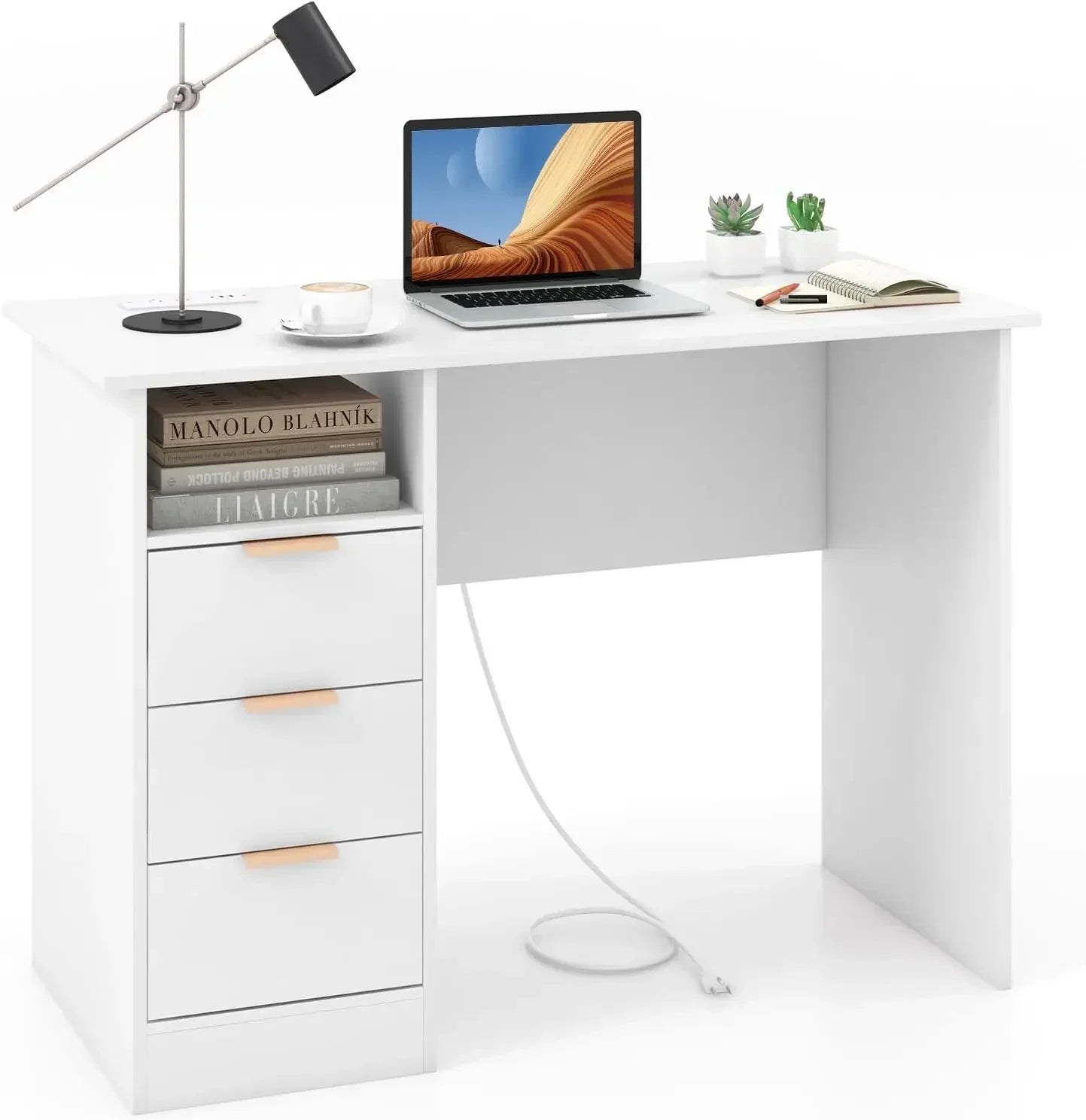 Modern Home Office Desk with 3 Drawers and Built-in Charging Station