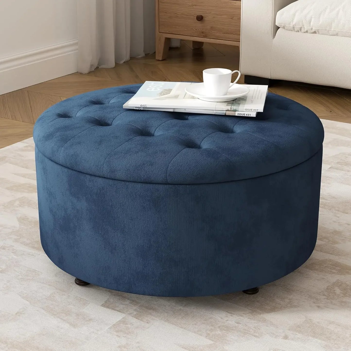 30 Inch Round Storage Ottoman Modern Tufted Coffee Table Upholstered