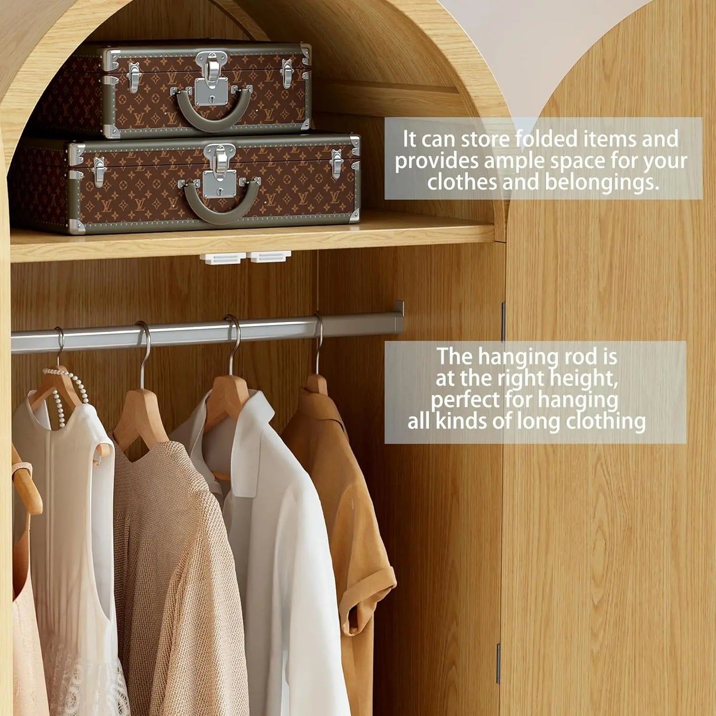 Modern Arched Wooden Storage Cabinet with Fluted Doors and Gold Knobs