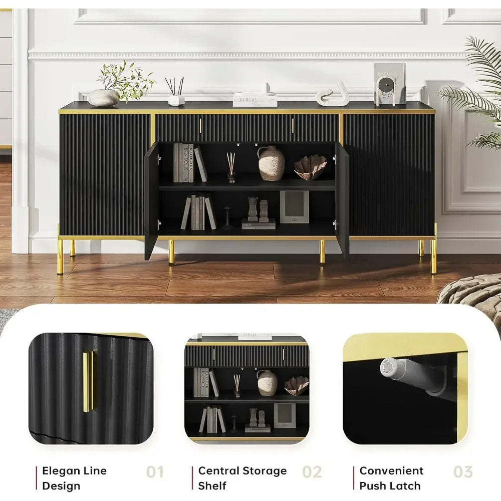 60" Modern Sideboard Buffet Cabinet Fluted Storage Adjustable Shelves