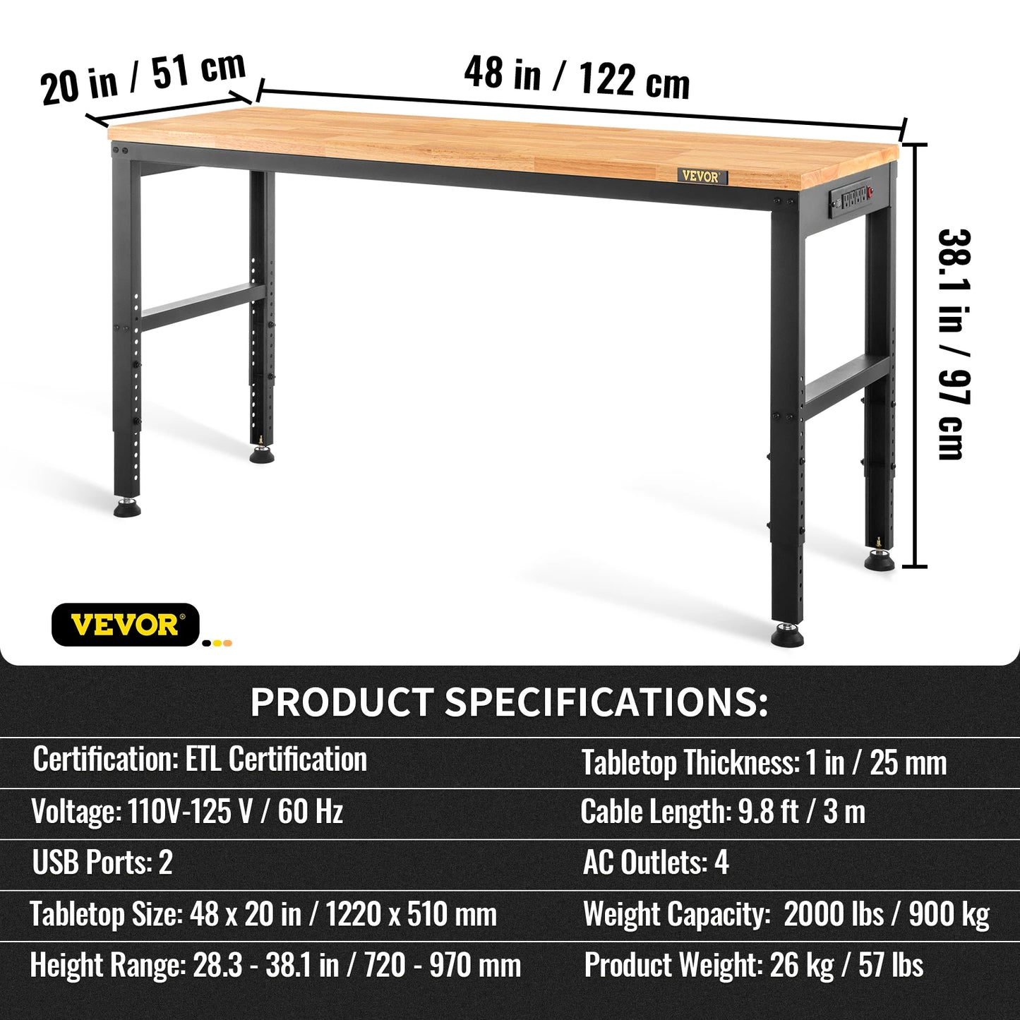 Ljustra Adjustable Height Oak Wood Workbench 900KG Capacity for Workshop