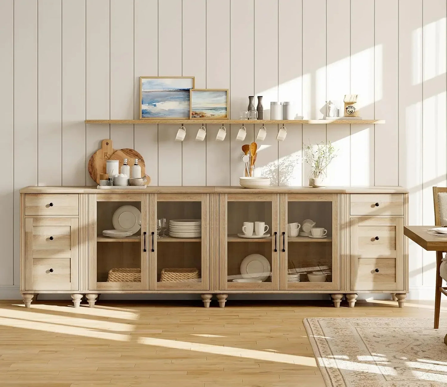 Sideboard Buffet Cabinet with 4 Glass Doors and Charging Station Oak
