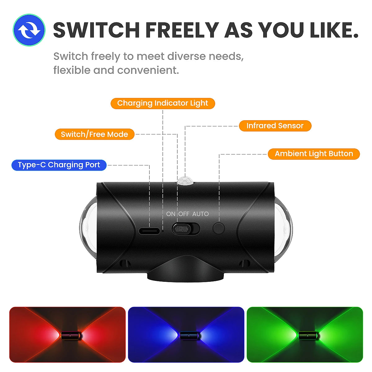 LED Motion Sensor Wall Sconce Night Light USB Rechargeable 8 Colors