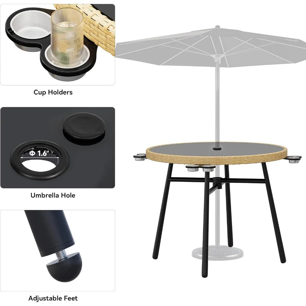 5 Piece Outdoor Dining Set with Rattan Chairs and Glass Top Table